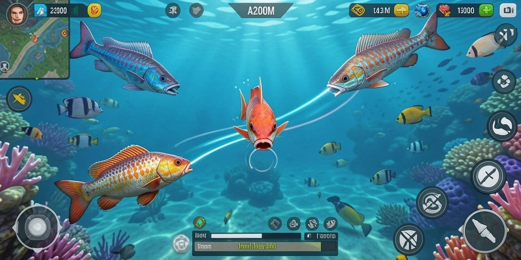 Tampilan gameplay seru di A200M dengan aksi menembak ikan.