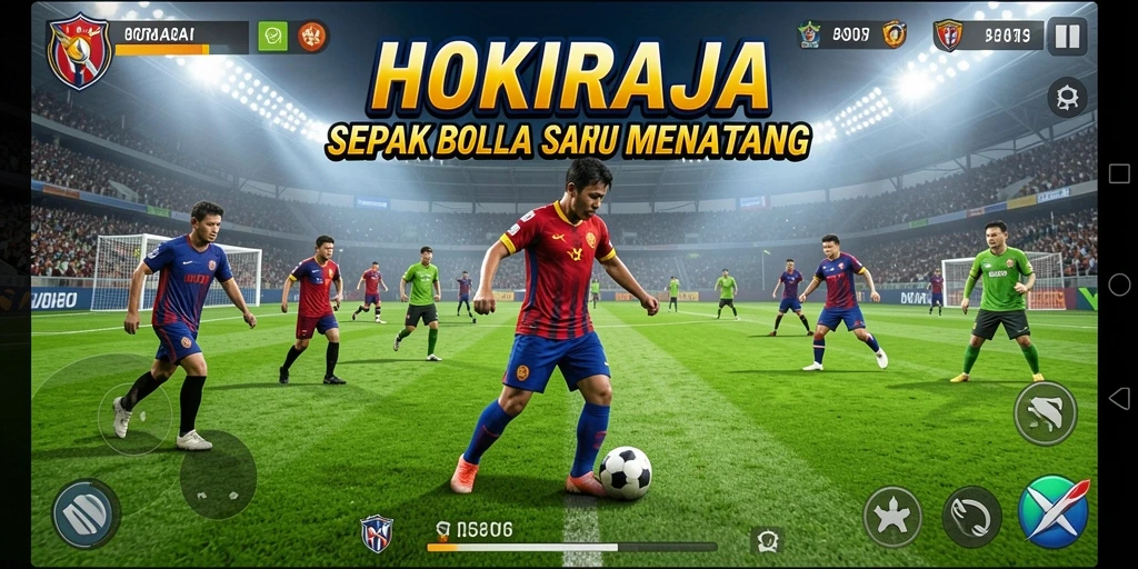 Screenshot gameplay HOKIRAJA menampilkan aksi sepak bola yang intens.