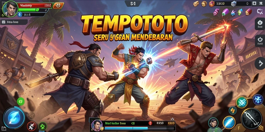 Screenshot TEMPOTOTO menunjukkan pertarungan seru dengan grafis cemerlang.